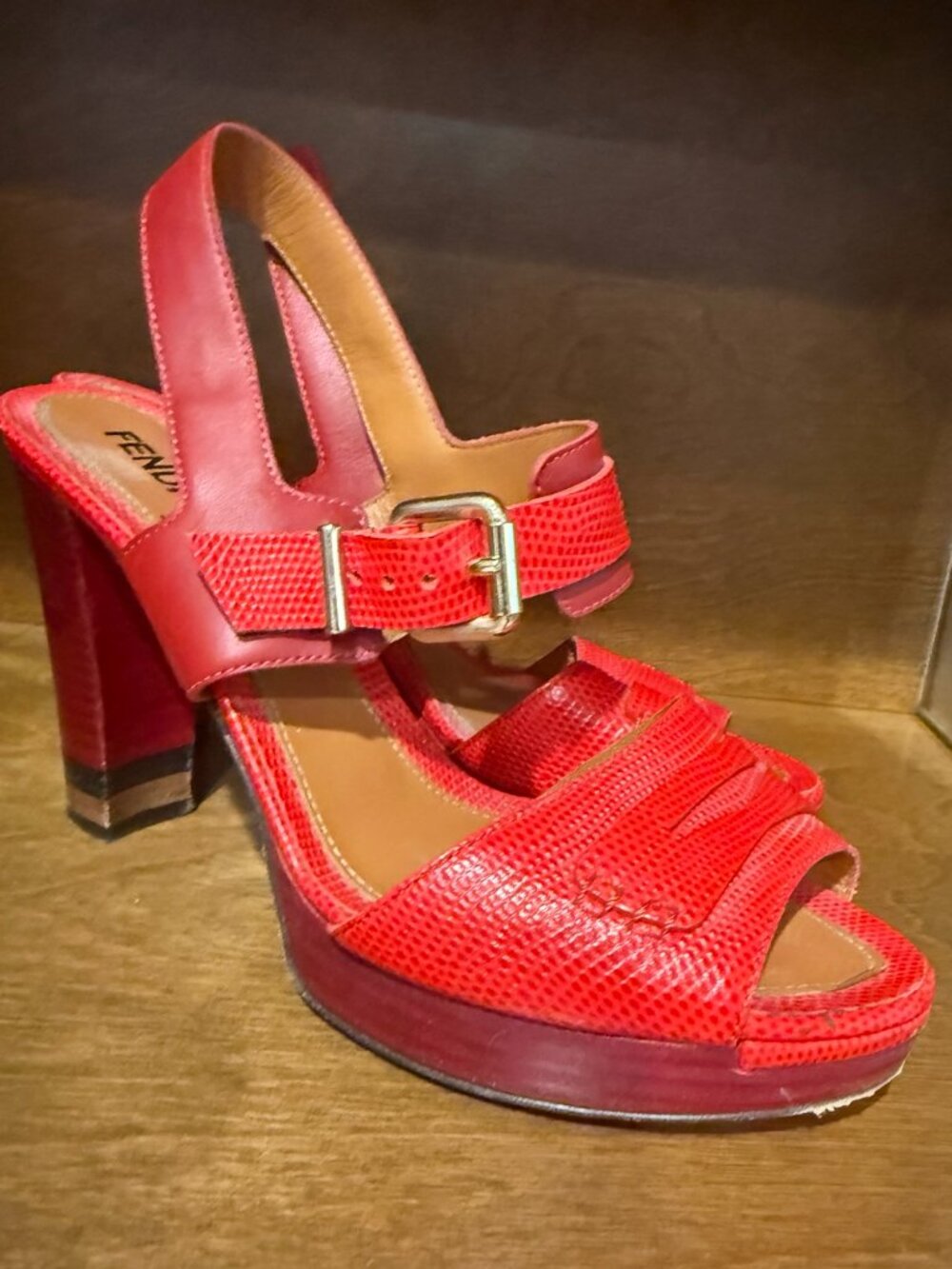 Fendi Red Leather Platform Slingback Sandals Peep Toe Made in Italy EU 39